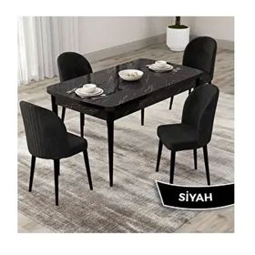 Canisa Roe Serisi 80x132 Açılabilir Siyah Mermer Desen Mutfak Masası Takımı ve 4 Adet Siyah Sandalye