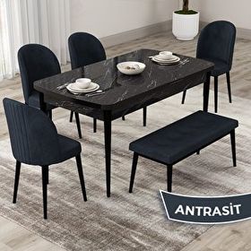 Canisa Roe Serisi 80x132 Açılabilir Siyah Mermer Desen Mutfak Masası Takımı ve 4 Antrasit Sandalye ve Antrasit 1 Bench