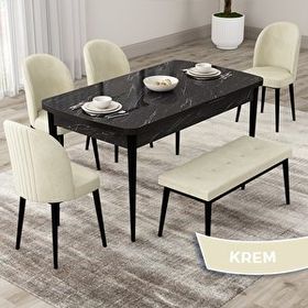 Canisa Roe Serisi 80x132 Açılabilir Siyah Mermer Desen Mutfak Masası Takımı ve 4 Krem Sandalye ve Krem 1 Bench