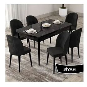 Canisa Roe Serisi 80x132 Açılabilir Siyah Mermer Desen Mutfak Masası Takımı ve 6 Adet Siyah Sandalye
