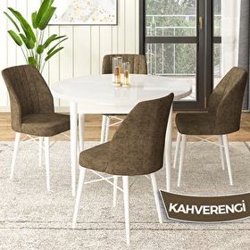 Canisa Rox Serisi Yuvarlak Mutfak Masa Takımı Beyaz Masa ve 4 Kahverengi Sandalye