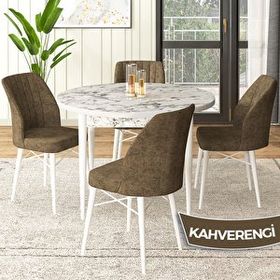 Canisa Rox Serisi Yuvarlak Mutfak Masa Takımı Beyaz Mermer Desen Masa ve 4 Kahverengi Sandalye