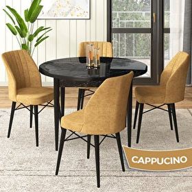 Canisa Rox Serisi Yuvarlak Mutfak Masa Takımı Siyah Mermer Desen Masa ve 4 Cappucino Sandalye