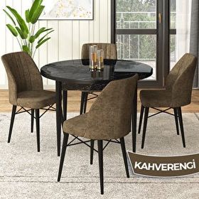 Canisa Rox Serisi Yuvarlak Mutfak Masa Takımı Siyah Mermer Desen Masa ve 4 Kahverengi Sandalye