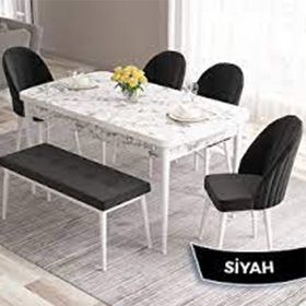 Canisa Roz Serisi 80x132 Açılabilir Beyaz Mermer Desen 4 Antrasit Sandalye ve 1 Bench Antrasit Masa Takımı