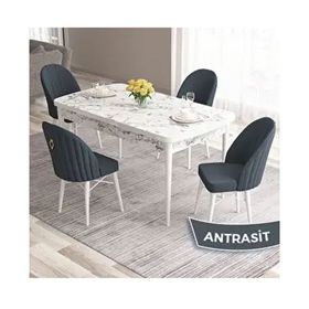 Canisa Roz Serisi 80x132 Açılabilir Beyaz Mermer Desen Masa Takımı ve 4 Adet Antrasit Sandalye