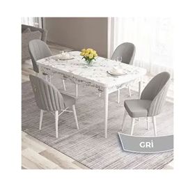 Canisa Roz Serisi 80x132 Açılabilir Beyaz Mermer Desen Masa Takımı ve 4 Adet Gri Sandalye