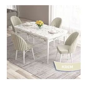 Canisa Roz Serisi 80x132 Açılabilir Beyaz Mermer Desen Masa Takımı ve 4 Adet Krem Sandalye