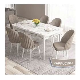 Canisa Roz Serisi 80x132 Açılabilir Beyaz Mermer Desen Masa Takımı ve 6 Adet Cappucino Sandalye