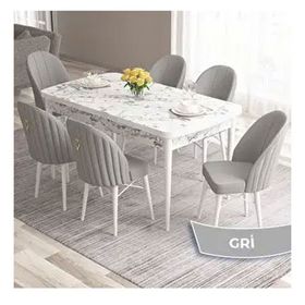Canisa Roz Serisi 80x132 Açılabilir Beyaz Mermer Desen Masa Takımı ve 6 Adet Gri Sandalye