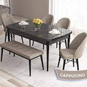Canisa Roz Serisi 80x132 Açılabilir Siyah Mermer Desen 4 Cappucino Sandalye ve 1 Bench Cappucino Masa Takımı