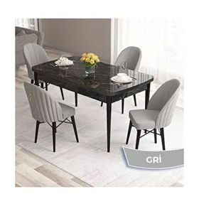 Canisa Roz Serisi 80x132 Açılabilir Siyah Mermer Desen Masa Takımı ve 4 Adet Gri Sandalye