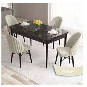 Canisa Roz Serisi 80x132 Açılabilir Siyah Mermer Desen Masa Takımı ve 4 Adet Krem Sandalye