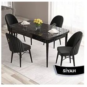 Canisa Roz Serisi 80x132 Açılabilir Siyah Mermer Desen Masa Takımı ve 4 Adet Siyah Sandalye