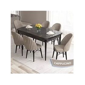 Canisa Roz Serisi 80x132 Açılabilir Siyah Mermer Desen Masa Takımı ve 6 Adet Cappucino Sandalye