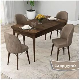 Canisa Rut Serisi 80x132 Açılabilir Barok Ahşap Desen Mutfak Masası Takımı ve 4 Adet Cappucino Sandalye