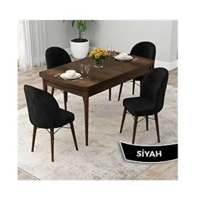 Canisa Rut Serisi 80x132 Açılabilir Barok Ahşap Desen Mutfak Masası Takımı ve 4 Adet Siyah Sandalye
