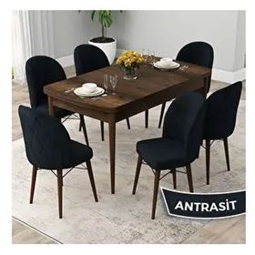 Canisa Rut Serisi 80x132 Açılabilir Barok Ahşap Desen Mutfak Masası Takımı ve 6 Adet Antrasit Sandalye