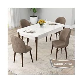Canisa Rut Serisi 80x132 Açılabilir Beyaz Masa Ceviz Ayak Mutfak Masası Takımı ve 4 Adet Cappucino Sandalye