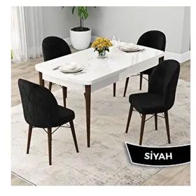 Canisa Rut Serisi 80x132 Açılabilir Beyaz Masa Ceviz Ayak Mutfak Masası Takımı ve 4 Adet Siyah Sandalye