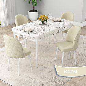 Canisa Rut Serisi 80x132 Açılabilir Beyaz Mermer Desen Mutfak Masası Takımı ve 4 Adet Krem Sandalye