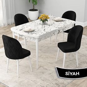 Canisa Rut Serisi 80x132 Açılabilir Beyaz Mermer Desen Mutfak Masası Takımı ve 4 Adet Siyah Sandalye