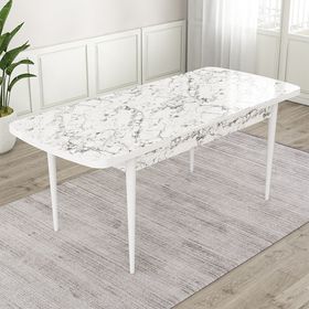 Canisa Rut Serisi 80x132 Açılabilir Beyaz Mermer Desen Mutfak Masası Takımı ve 4 Adet Siyah Sandalye
