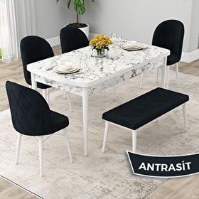 Canisa Rut Serisi 80x132 Açılabilir Beyaz Mermer Desen Mutfak Masası Takımı ve 4 Antrasit Sandalye ve Antrasit 1 Bench