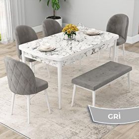 Canisa Rut Serisi 80x132 Açılabilir Beyaz Mermer Desen Mutfak Masası Takımı ve 4 Gri Sandalye ve Gri 1 Bench
