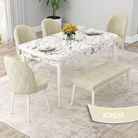 Canisa Rut Serisi 80x132 Açılabilir Beyaz Mermer Desen Mutfak Masası Takımı ve 4 Krem Sandalye ve Krem 1 Bench