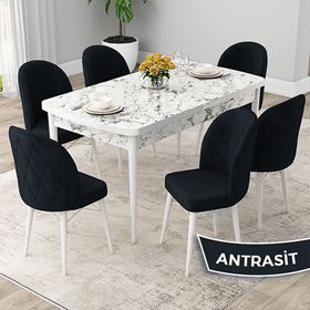 Canisa Rut Serisi 80x132 Açılabilir Beyaz Mermer Desen Mutfak Masası Takımı ve 6 Adet Antrasit Sandalye