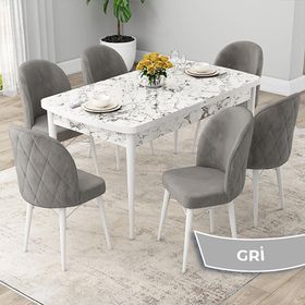Canisa Rut Serisi 80x132 Açılabilir Beyaz Mermer Desen Mutfak Masası Takımı ve 6 Adet Gri Sandalye