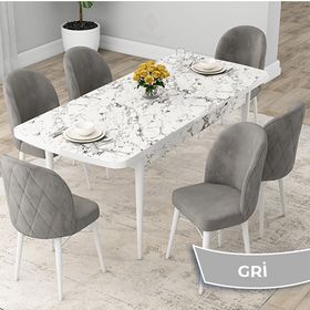Canisa Rut Serisi 80x132 Açılabilir Beyaz Mermer Desen Mutfak Masası Takımı ve 6 Adet Gri Sandalye