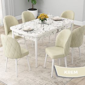 Canisa Rut Serisi 80x132 Açılabilir Beyaz Mermer Desen Mutfak Masası Takımı ve 6 Adet Krem Sandalye