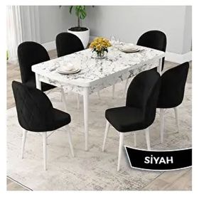 Canisa Rut Serisi 80x132 Açılabilir Beyaz Mermer Desen Mutfak Masası Takımı ve 6 Adet Siyah Sandalye