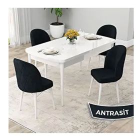 Canisa Rut Serisi 80x132 Açılabilir Beyaz Mutfak Masası Takımı ve 4 Adet Antrasit Sandalye