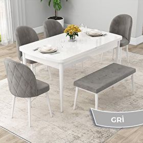Canisa Rut Serisi 80x132 Açılabilir Beyaz Mutfak Masası Takımı ve 4 Gri Sandalye ve Gri 1 Bench