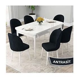 Canisa Rut Serisi 80x132 Açılabilir Beyaz Mutfak Masası Takımı ve 6 Adet Antrasit Sandalye