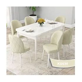 Canisa Rut Serisi 80x132 Açılabilir Beyaz Mutfak Masası Takımı ve 6 Adet Krem Sandalye