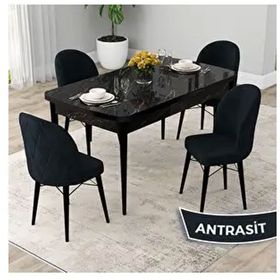 Canisa Rut Serisi 80x132 Açılabilir Siyah Mermer Desen Mutfak Masası Takımı ve 4 Adet Antrasit Sandalye