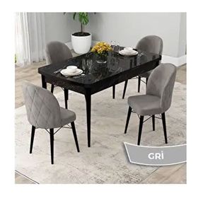 Canisa Rut Serisi 80x132 Açılabilir Siyah Mermer Desen Mutfak Masası Takımı ve 4 Adet Gri Sandalye
