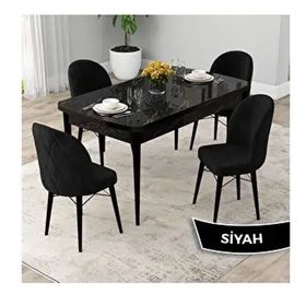 Canisa Rut Serisi 80x132 Açılabilir Siyah Mermer Desen Mutfak Masası Takımı ve 4 Adet Siyah Sandalye