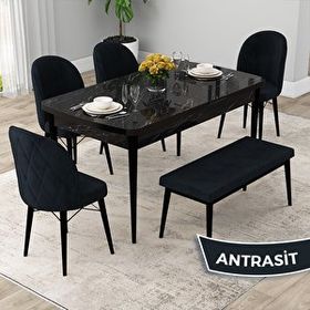 Canisa Rut Serisi 80x132 Açılabilir Siyah Mermer Desen Mutfak Masası Takımı ve 4 Antrasit Sandalye ve Antrasit 1 Bench