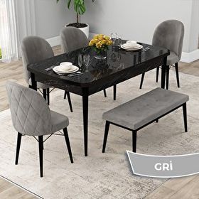 Canisa Rut Serisi 80x132 Açılabilir Siyah Mermer Desen Mutfak Masası Takımı ve 4 Gri Sandalye ve Gri 1 Bench