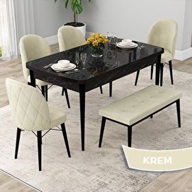 Canisa Rut Serisi 80x132 Açılabilir Siyah Mermer Desen Mutfak Masası Takımı ve 4 Krem Sandalye ve Krem 1 Bench
