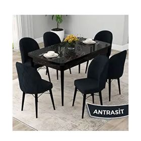 Canisa Rut Serisi 80x132 Açılabilir Siyah Mermer Desen Mutfak Masası Takımı ve 6 Adet Antrasit Sandalye