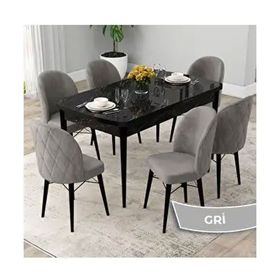 Canisa Rut Serisi 80x132 Açılabilir Siyah Mermer Desen Mutfak Masası Takımı ve 6 Adet Gri Sandalye