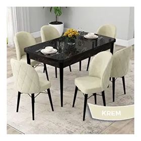 Canisa Rut Serisi 80x132 Açılabilir Siyah Mermer Desen Mutfak Masası Takımı ve 6 Adet Krem Sandalye