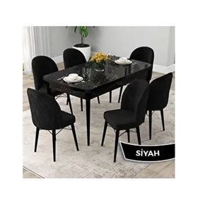 Canisa Rut Serisi 80x132 Açılabilir Siyah Mermer Desen Mutfak Masası Takımı ve 6 Adet Siyah Sandalye