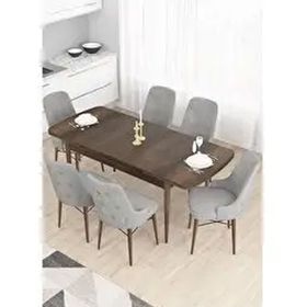 Canisa Taç Serisi 6 Sandalye Gold Halkalı Gri 80x132 Açılabilir Barok Ahşap Desen Mutfak Masası Takımı